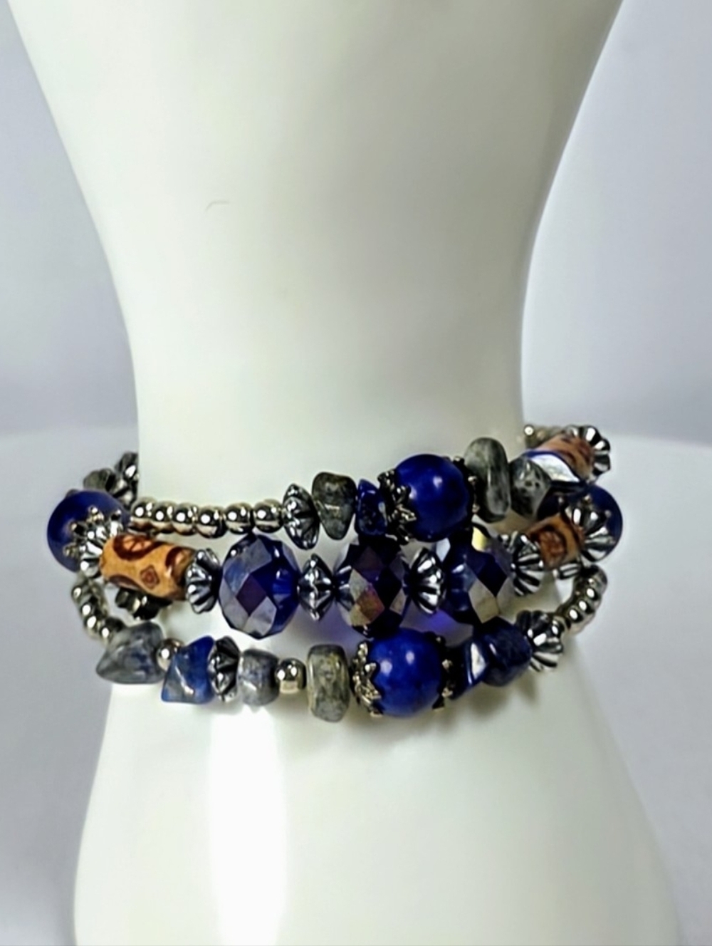 Blue Stone Beaded Bracelet Wrap Silver Tone Boho Artisan Stretch
